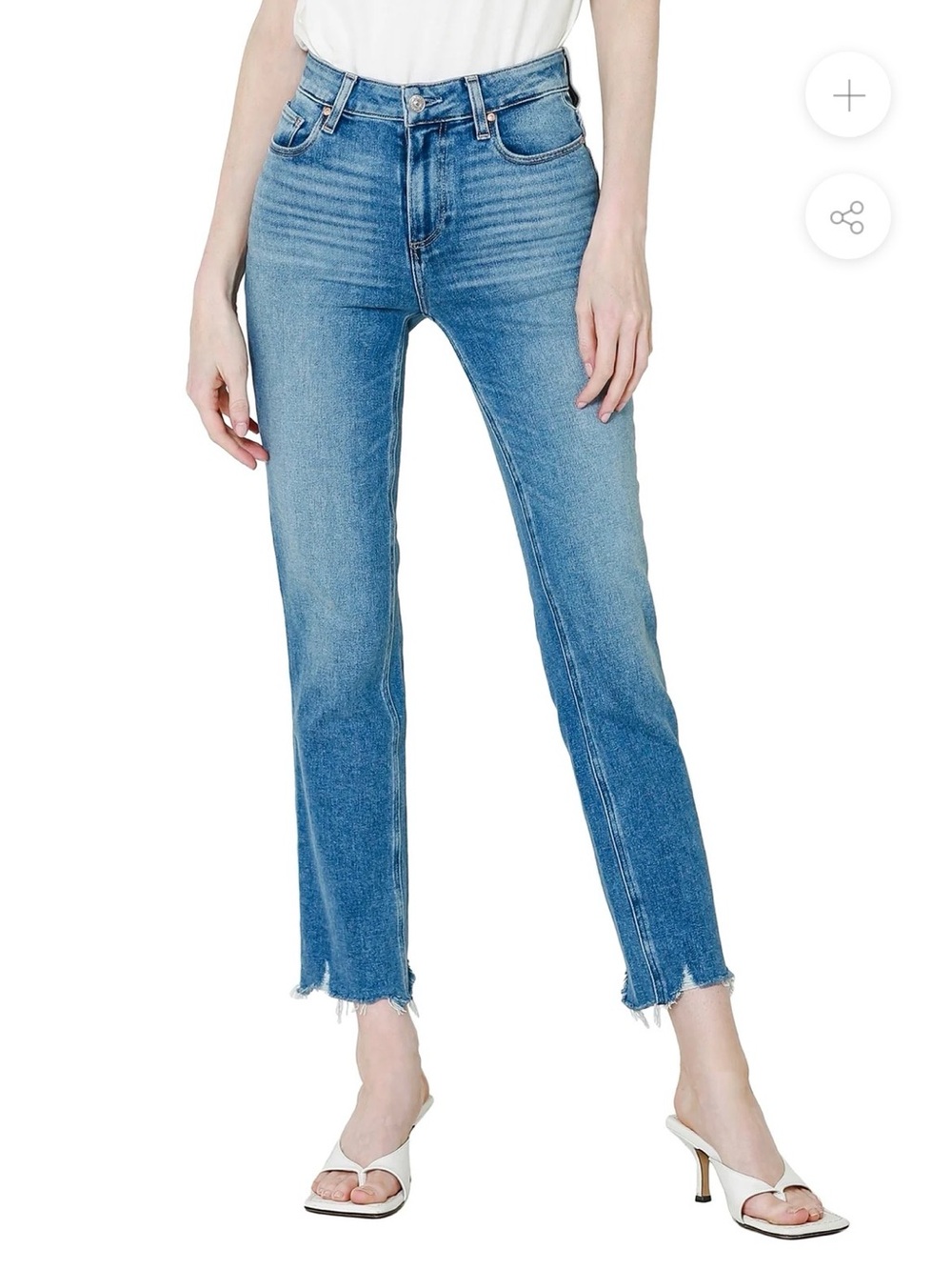 Paige Denim Cindy High Rise Straight Jean light blue Destroyed Hem size 26 EUC